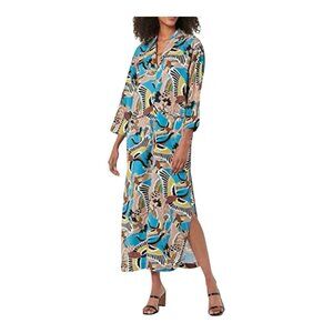 TEREA Andrea Pitter Annalise Shawl Collar Maxi Dress 2X Enamel Blue Crane Print